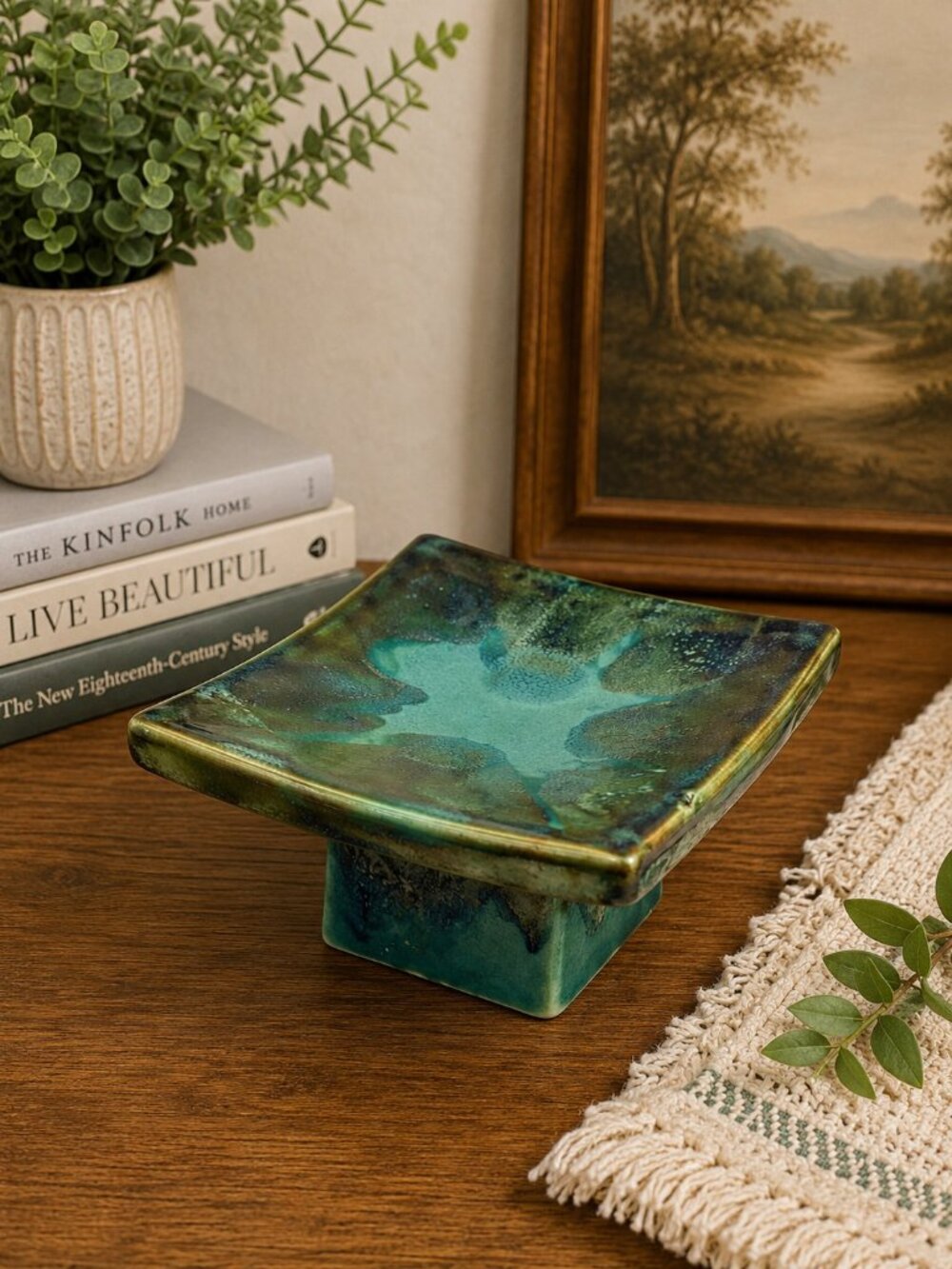 Vintage Haeger USA Pottery Pedestal Console Dish Planter – Green Blue Drip Glaze